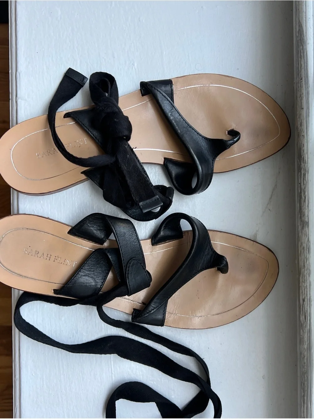 Sarah Flint - Black Grear Thong Ankle Tie sandals